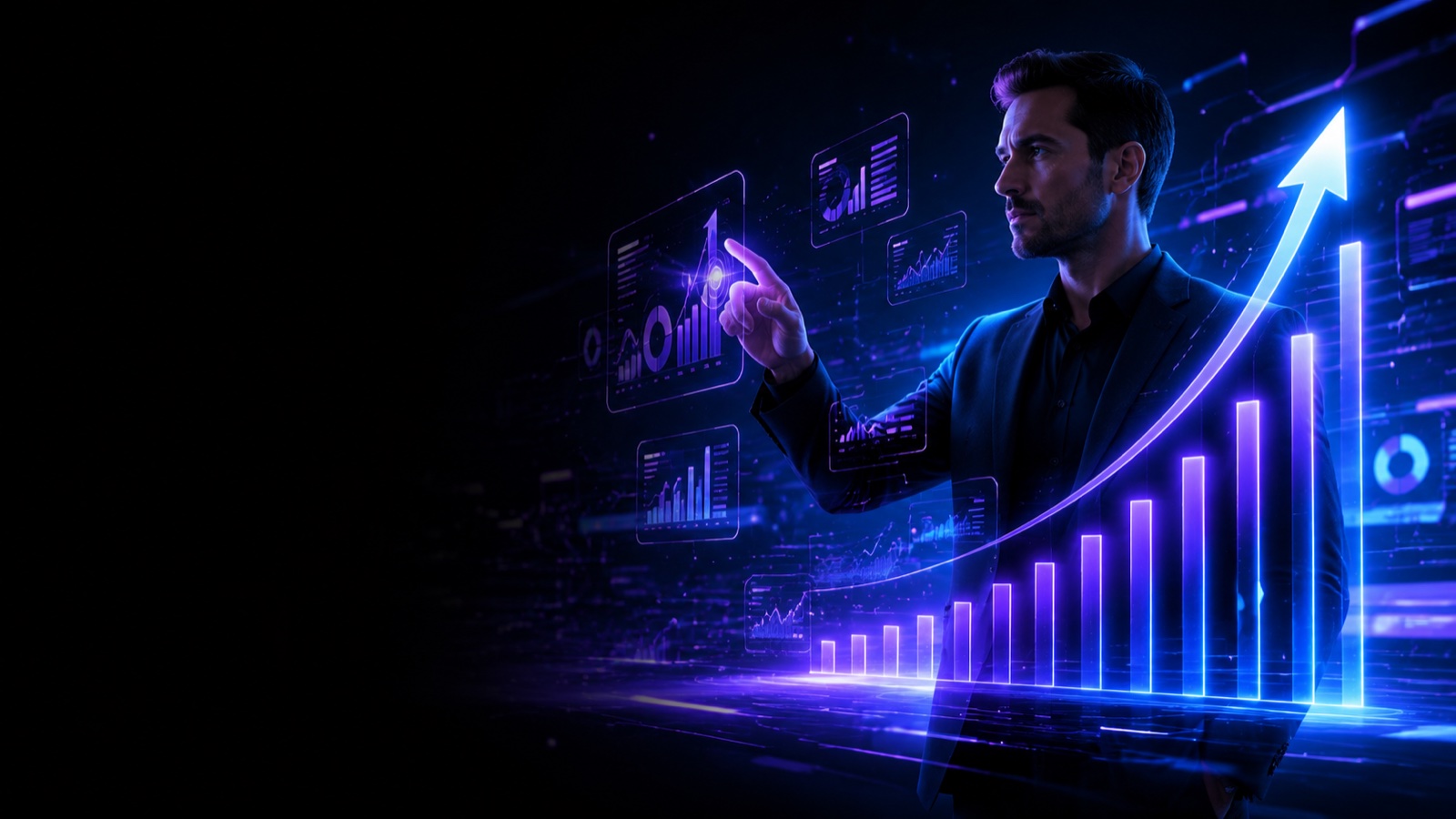 Profissional adulto interagindo com gráfico de crescimento neon com IA
