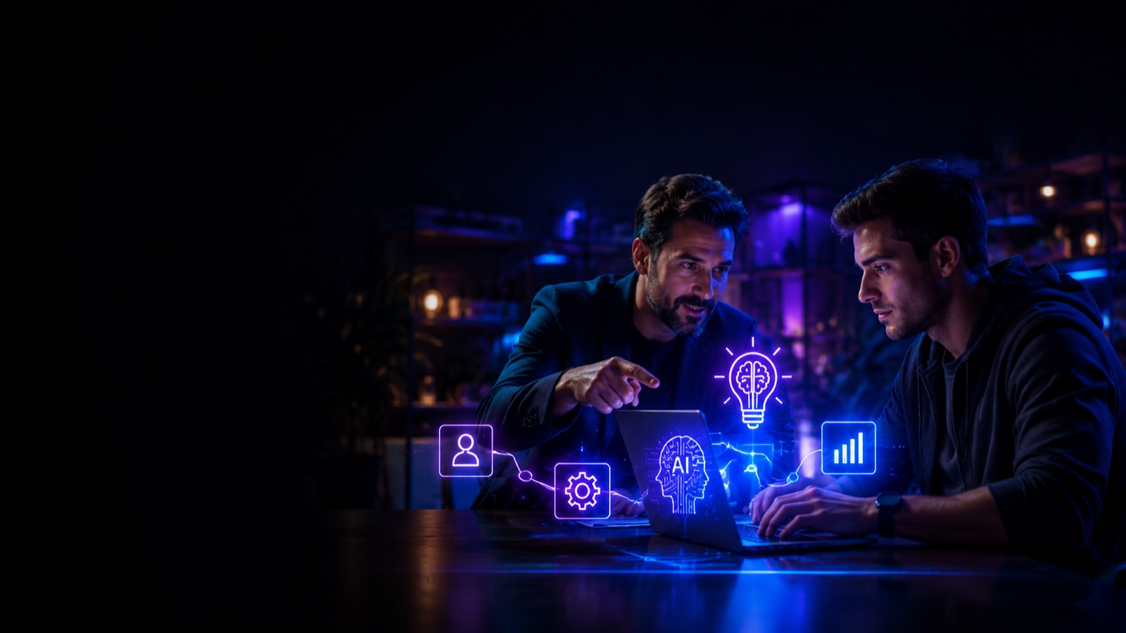 Mentor 1:1 ensinando aluno com ícones de IA flutuando ao redor